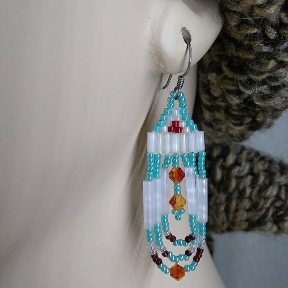 JRW Handmade Turquoise Swarovski Beaded Earrings - Picture 3 of 6